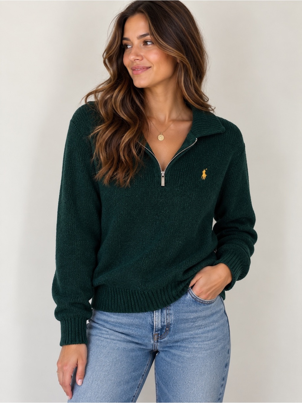 Polo Ralph Lauren Green Chenille Quarter Zip Sweater Large 100% Cotton